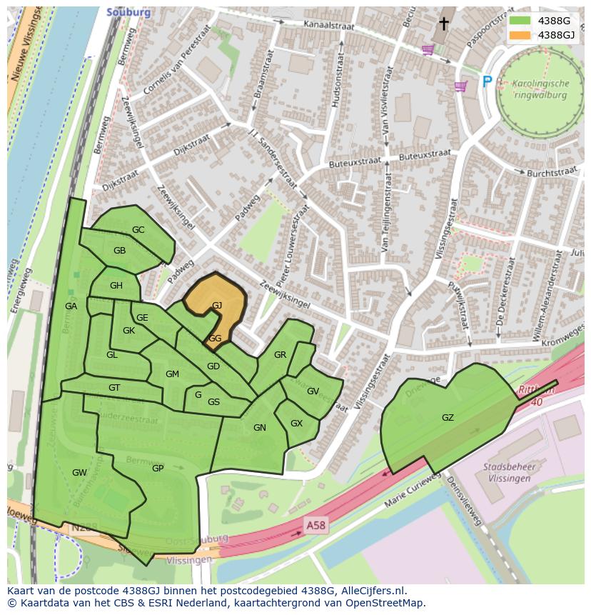 Afbeelding van het postcodegebied 4388 GJ op de kaart.
