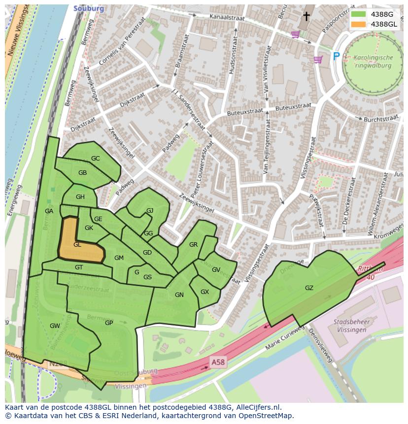 Afbeelding van het postcodegebied 4388 GL op de kaart.