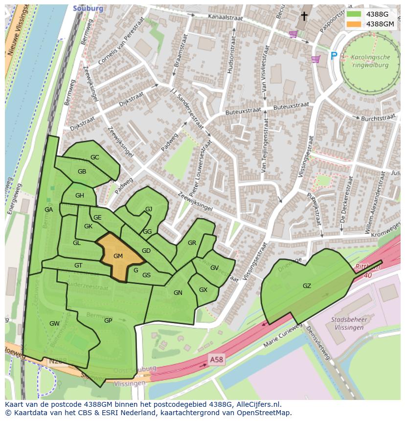 Afbeelding van het postcodegebied 4388 GM op de kaart.