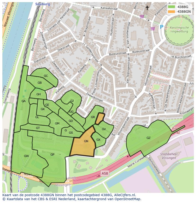 Afbeelding van het postcodegebied 4388 GN op de kaart.