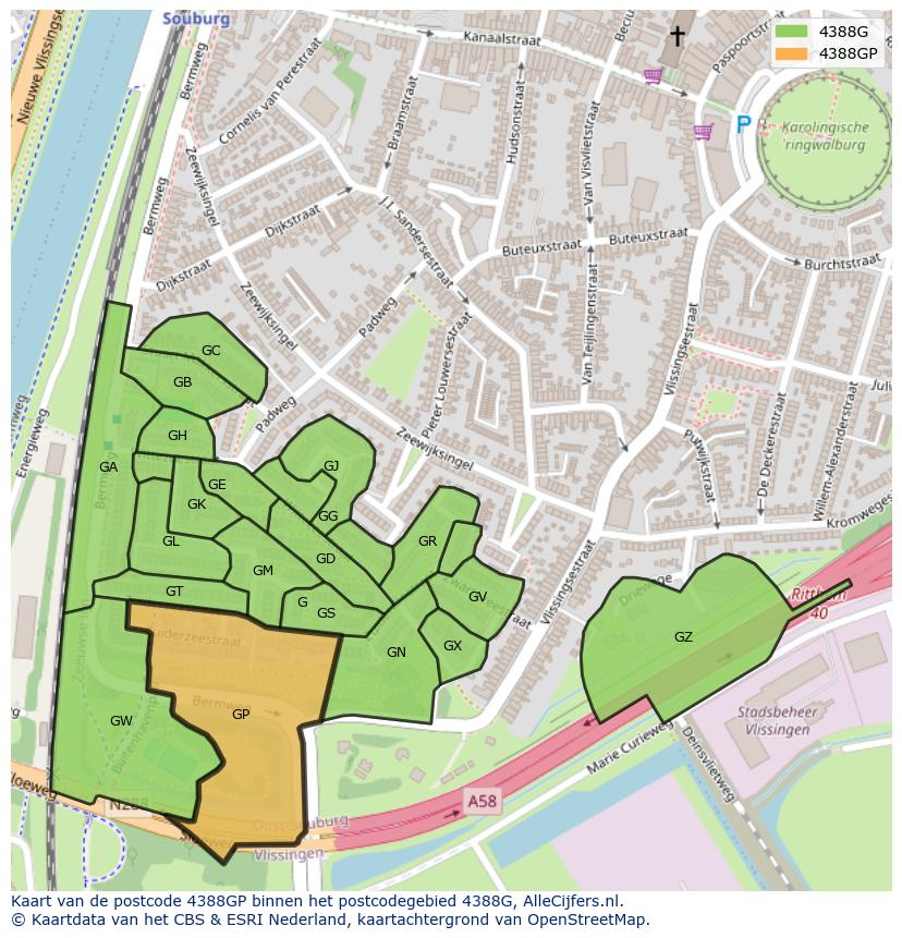 Afbeelding van het postcodegebied 4388 GP op de kaart.