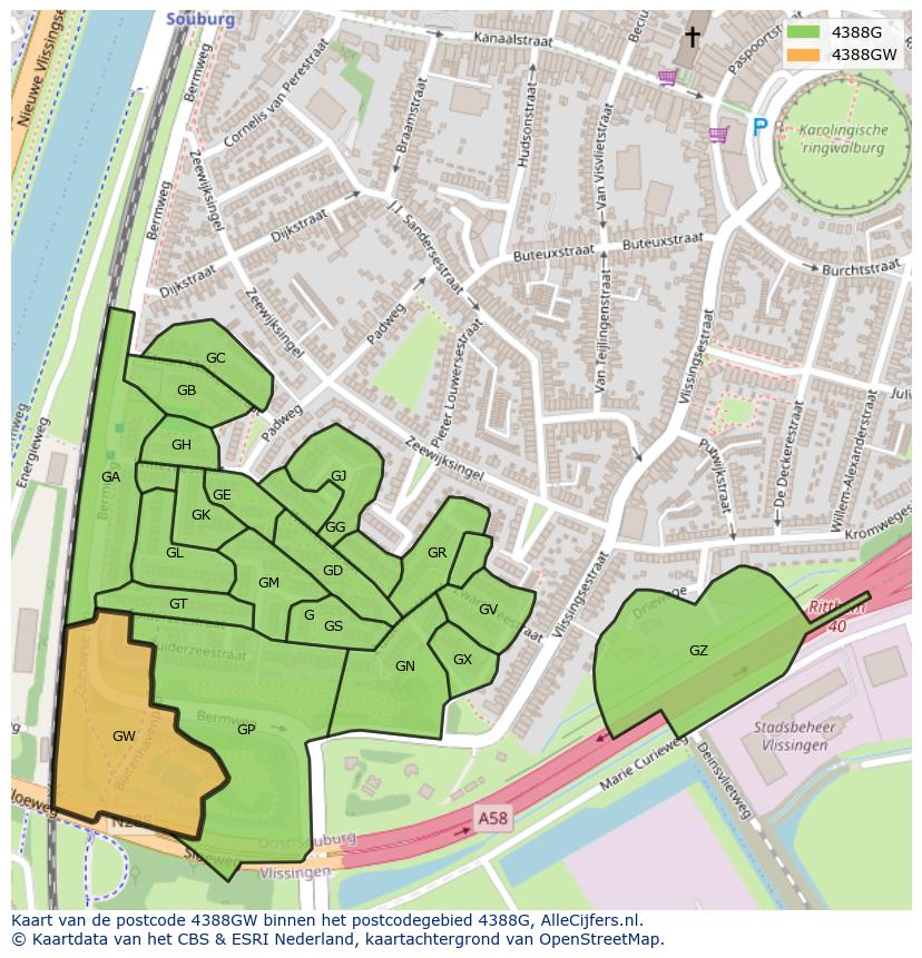 Afbeelding van het postcodegebied 4388 GW op de kaart.