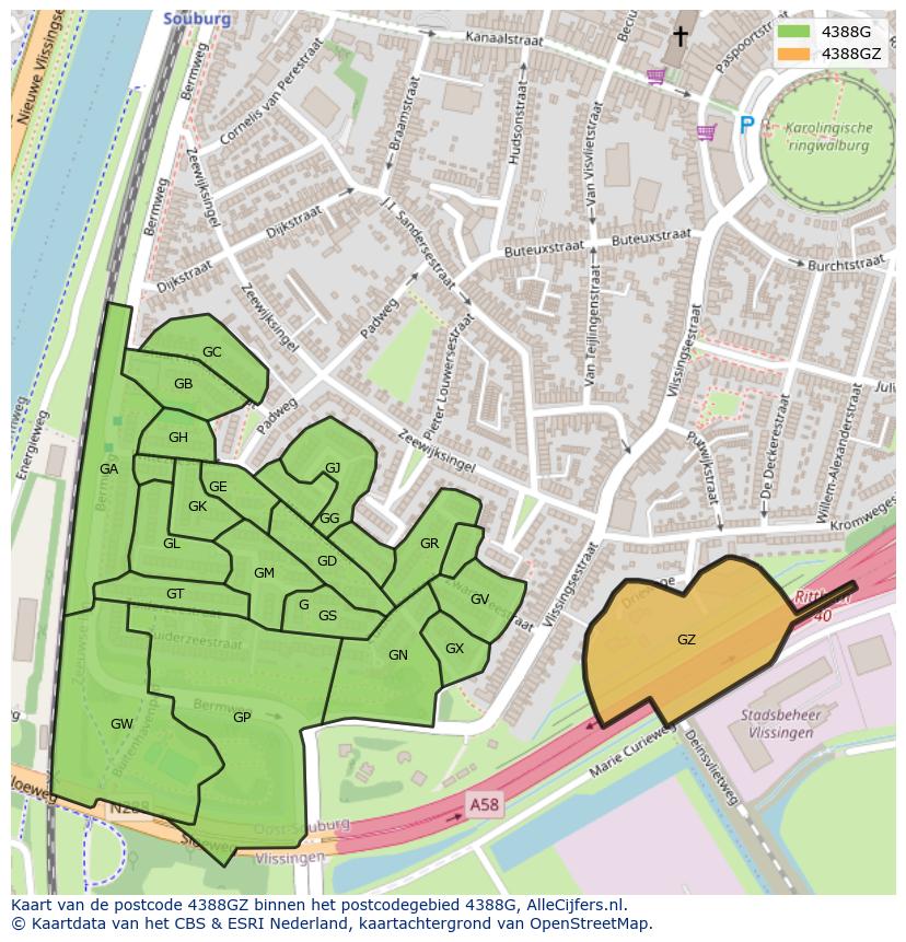 Afbeelding van het postcodegebied 4388 GZ op de kaart.