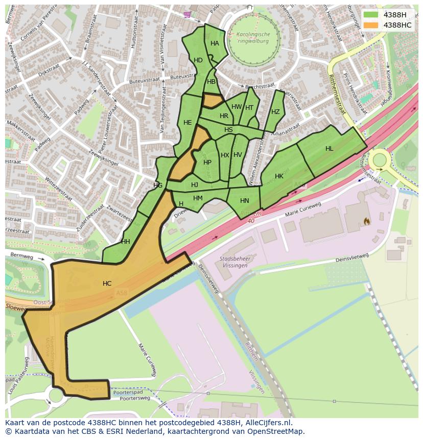 Afbeelding van het postcodegebied 4388 HC op de kaart.