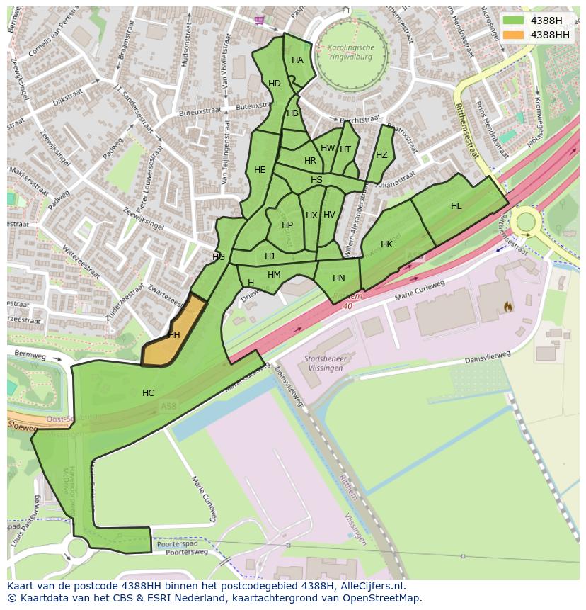 Afbeelding van het postcodegebied 4388 HH op de kaart.