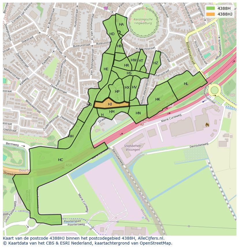 Afbeelding van het postcodegebied 4388 HJ op de kaart.