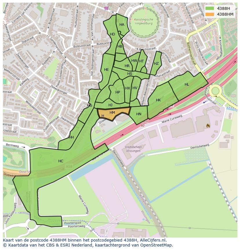 Afbeelding van het postcodegebied 4388 HM op de kaart.