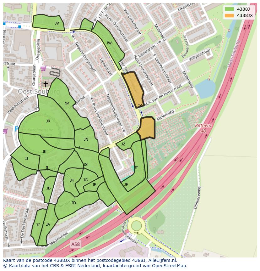 Afbeelding van het postcodegebied 4388 JX op de kaart.
