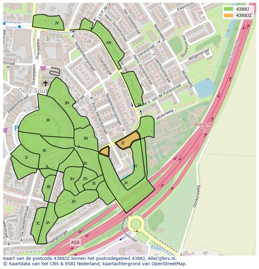 Afbeelding van het postcodegebied 4388 JZ op de kaart.