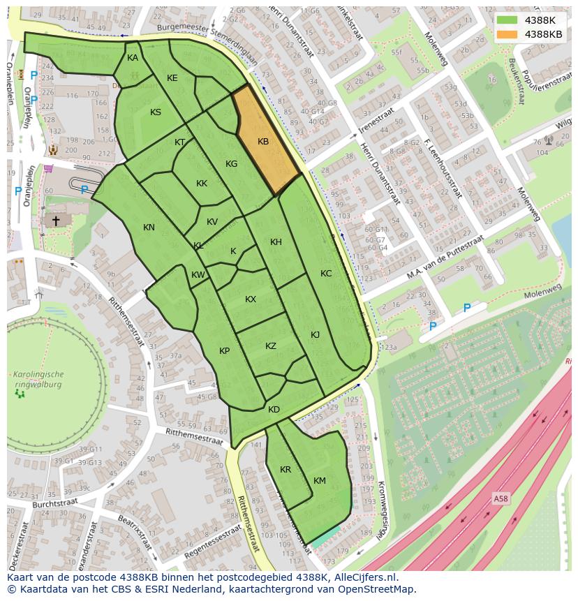 Afbeelding van het postcodegebied 4388 KB op de kaart.