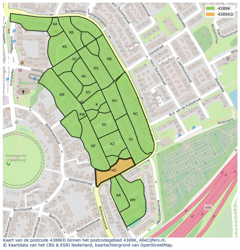 Afbeelding van het postcodegebied 4388 KD op de kaart.