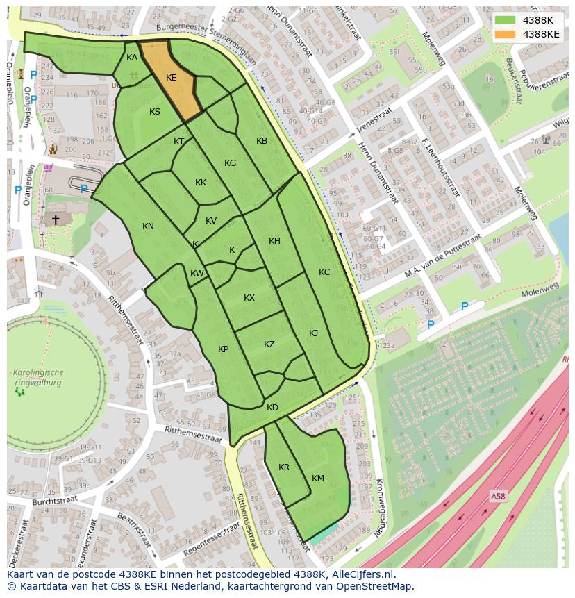Afbeelding van het postcodegebied 4388 KE op de kaart.