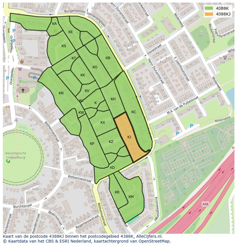 Afbeelding van het postcodegebied 4388 KJ op de kaart.