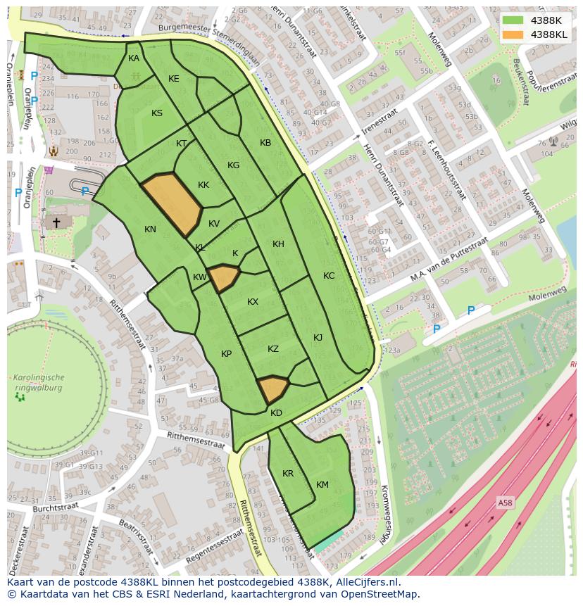 Afbeelding van het postcodegebied 4388 KL op de kaart.