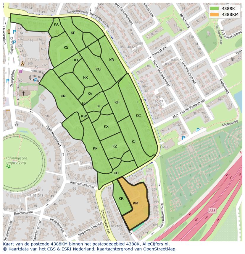 Afbeelding van het postcodegebied 4388 KM op de kaart.