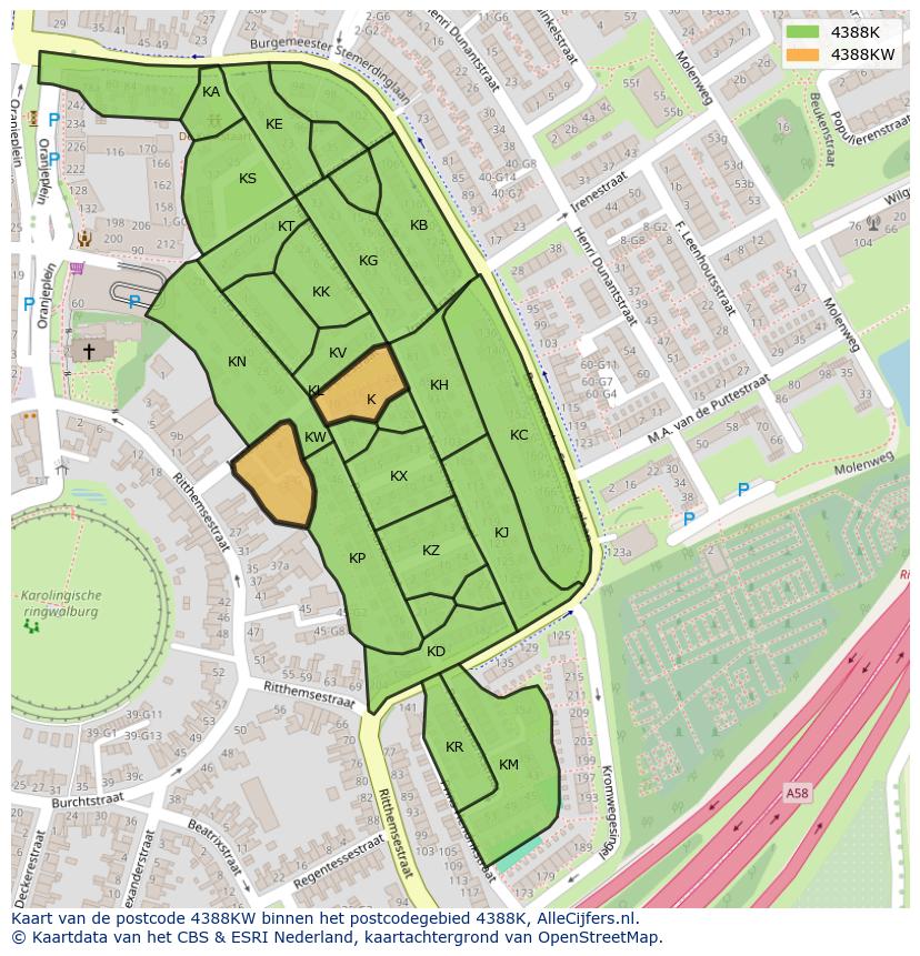 Afbeelding van het postcodegebied 4388 KW op de kaart.