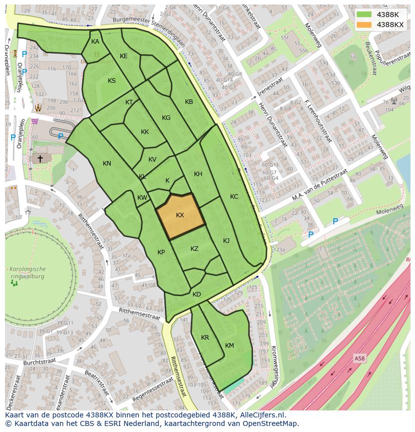 Afbeelding van het postcodegebied 4388 KX op de kaart.