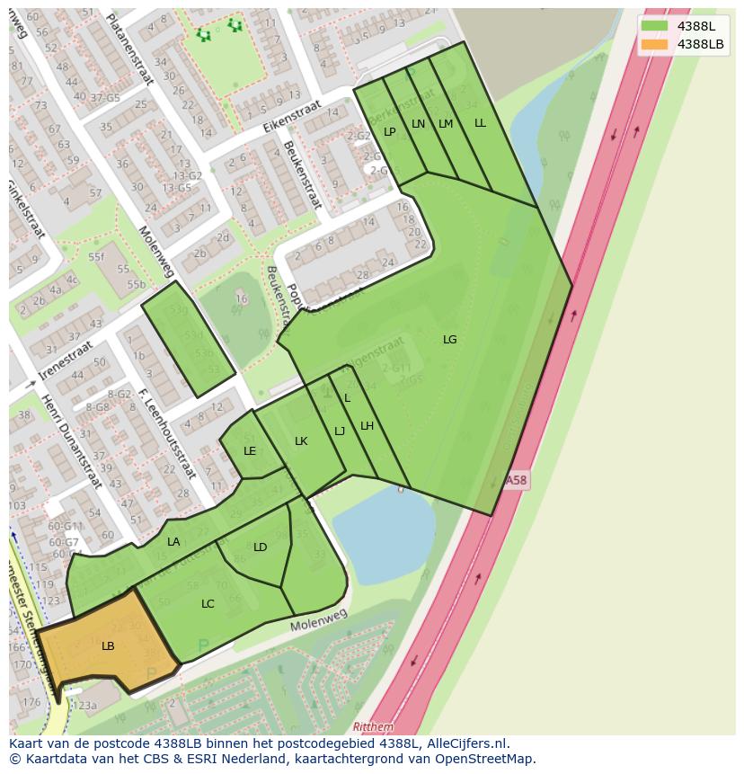 Afbeelding van het postcodegebied 4388 LB op de kaart.