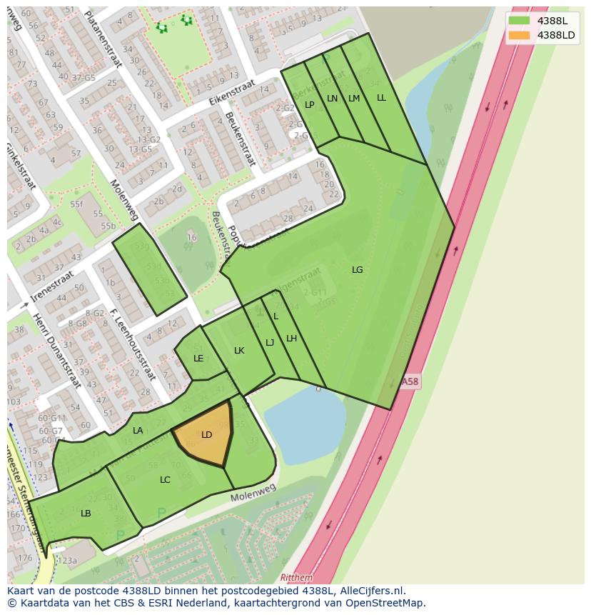 Afbeelding van het postcodegebied 4388 LD op de kaart.