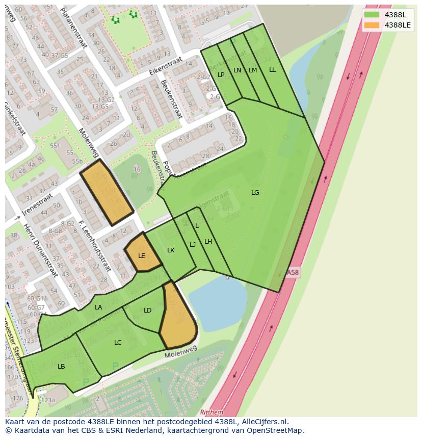 Afbeelding van het postcodegebied 4388 LE op de kaart.