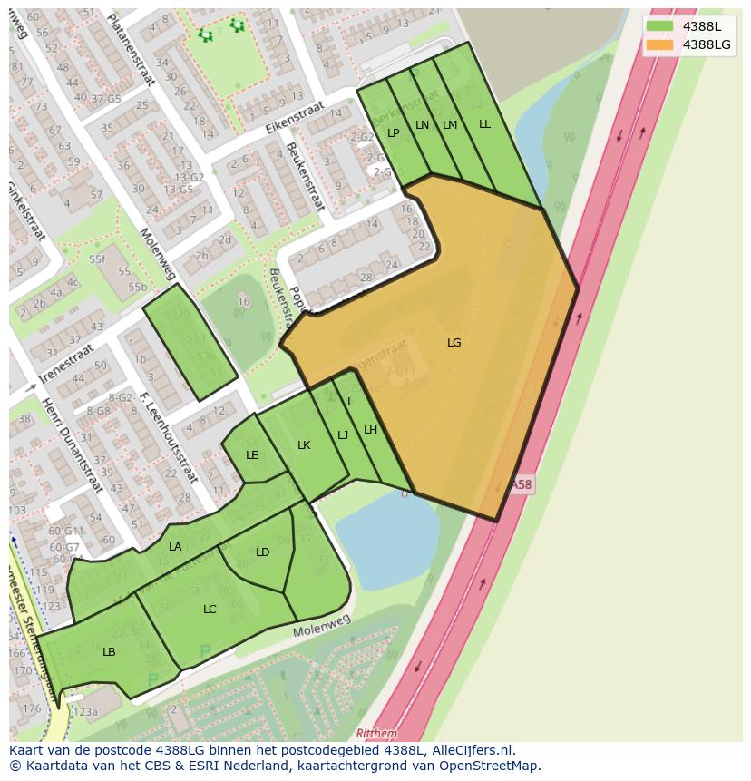 Afbeelding van het postcodegebied 4388 LG op de kaart.