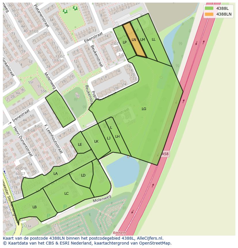 Afbeelding van het postcodegebied 4388 LN op de kaart.