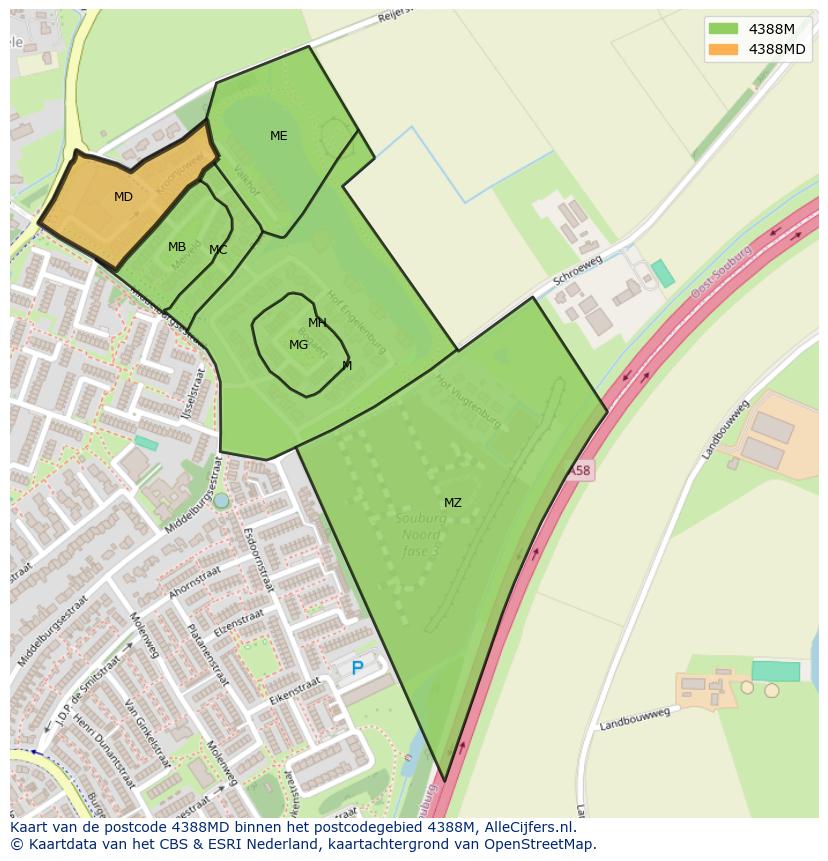 Afbeelding van het postcodegebied 4388 MD op de kaart.