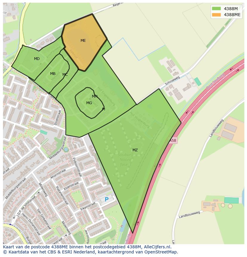 Afbeelding van het postcodegebied 4388 ME op de kaart.