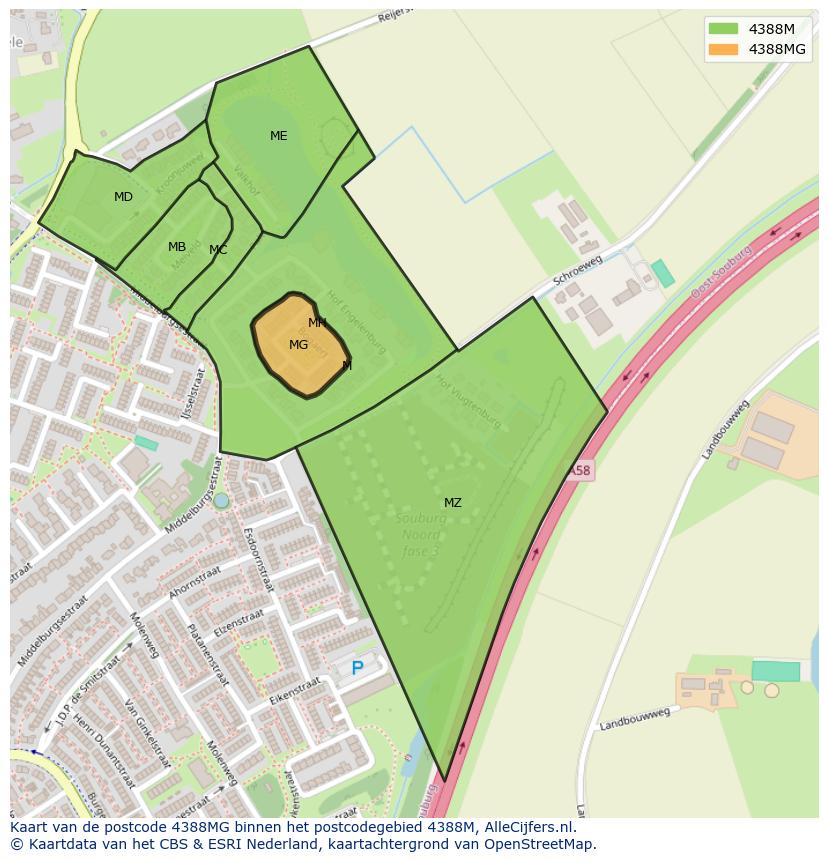 Afbeelding van het postcodegebied 4388 MG op de kaart.