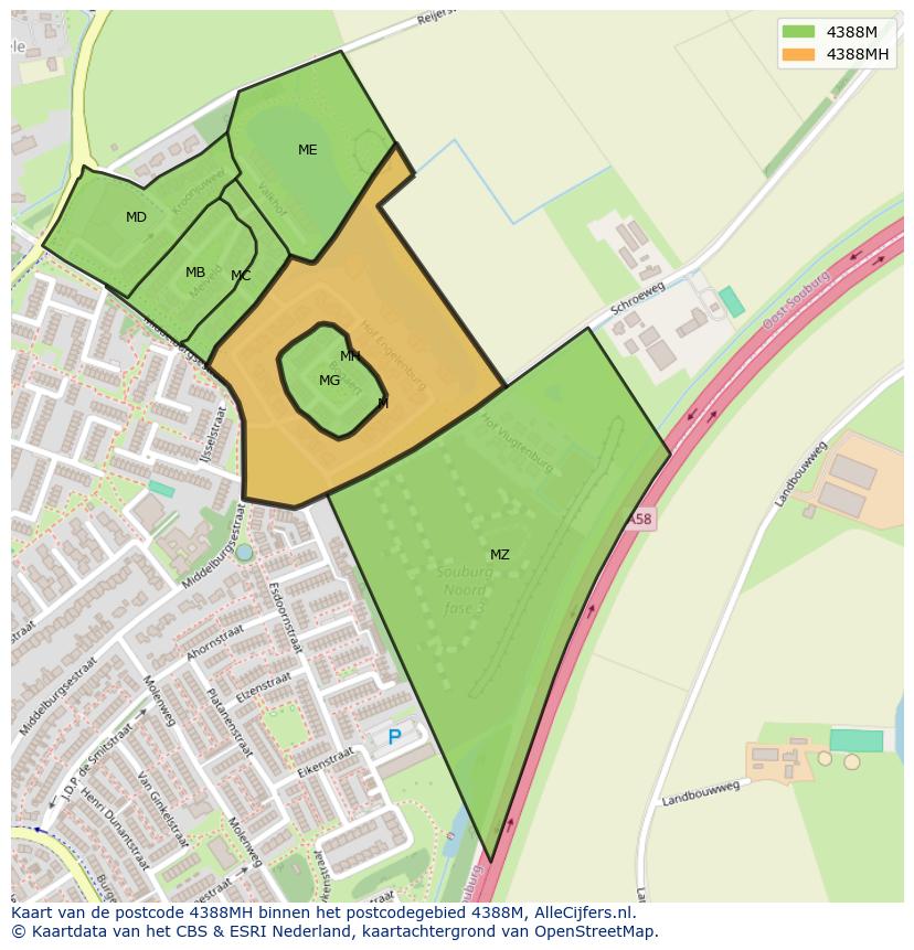 Afbeelding van het postcodegebied 4388 MH op de kaart.