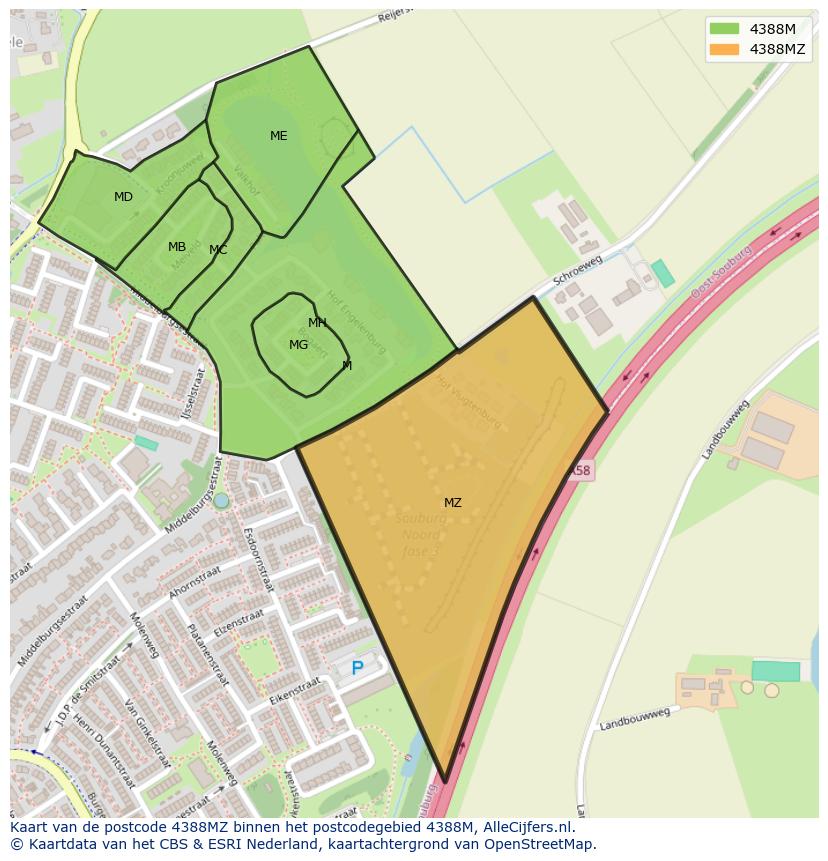 Afbeelding van het postcodegebied 4388 MZ op de kaart.