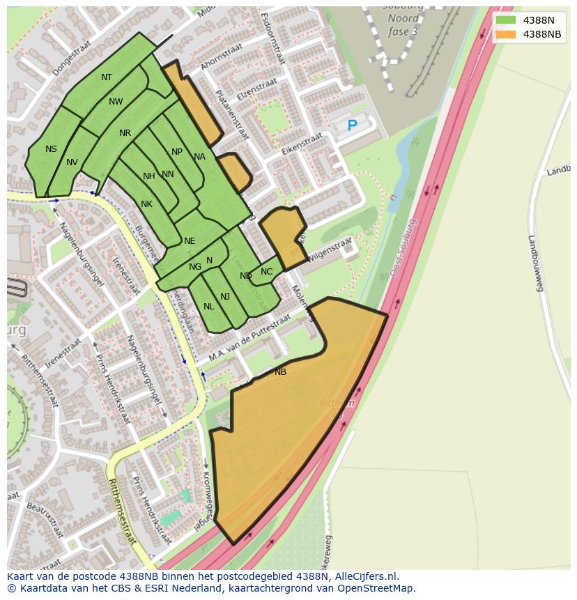 Afbeelding van het postcodegebied 4388 NB op de kaart.