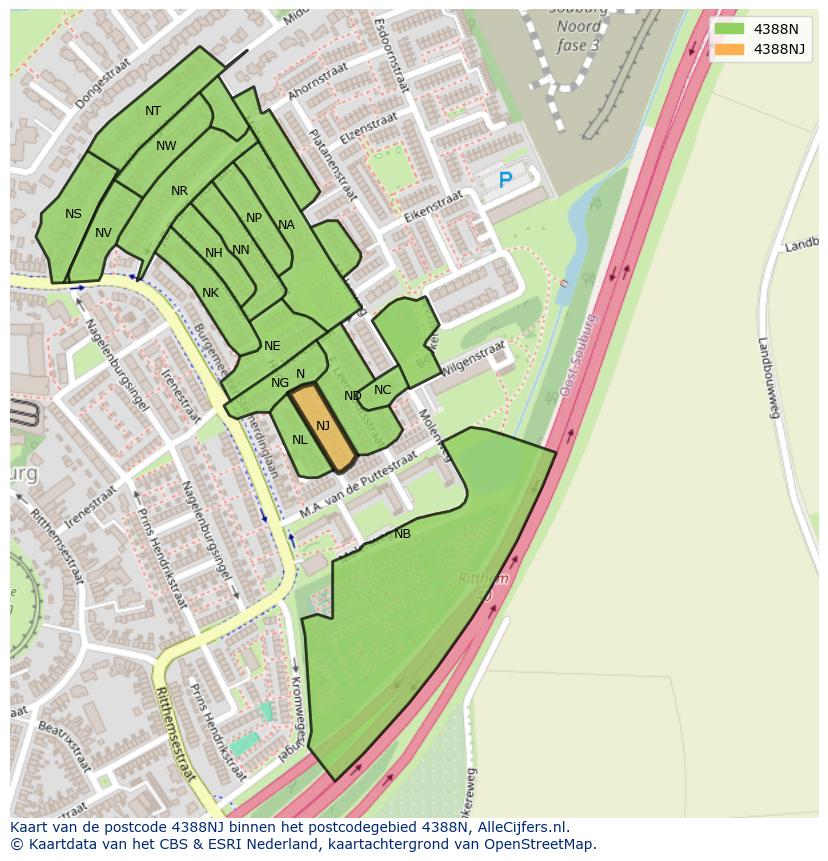 Afbeelding van het postcodegebied 4388 NJ op de kaart.