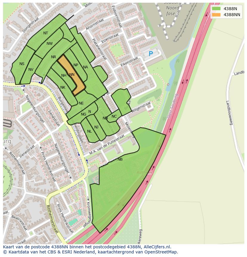 Afbeelding van het postcodegebied 4388 NN op de kaart.