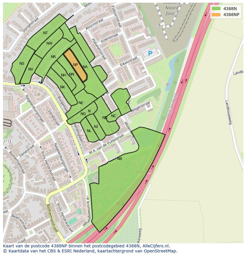 Afbeelding van het postcodegebied 4388 NP op de kaart.