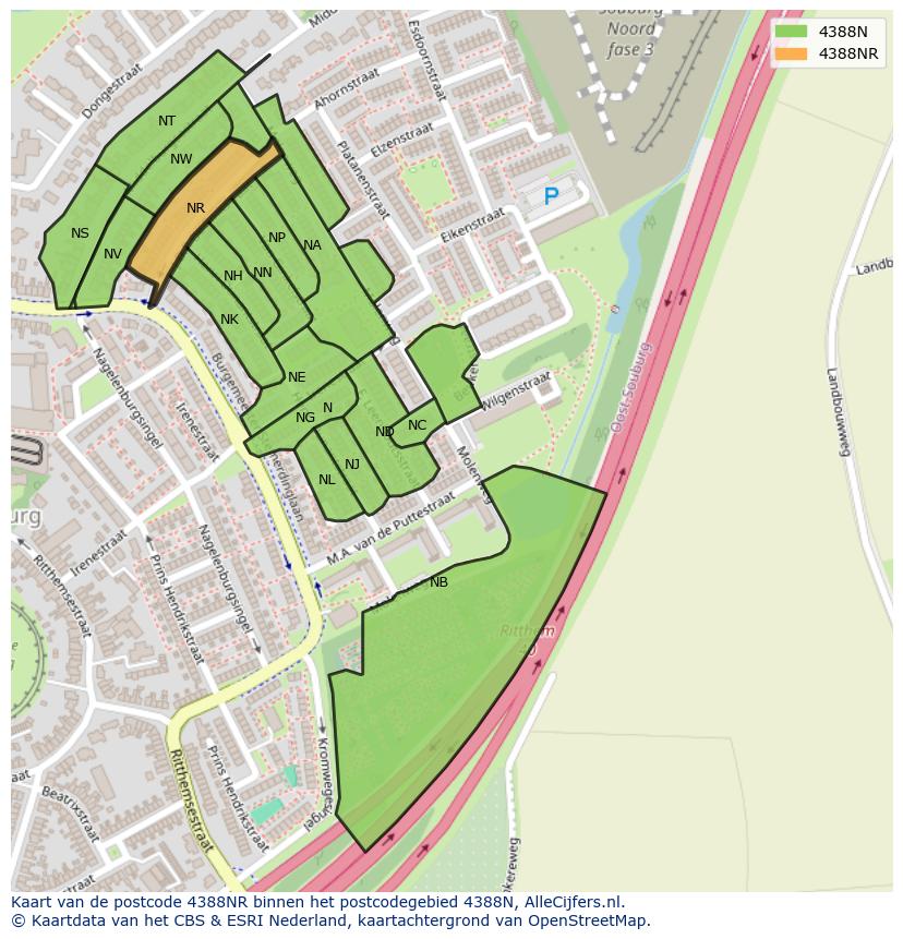 Afbeelding van het postcodegebied 4388 NR op de kaart.