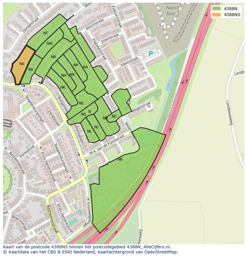 Afbeelding van het postcodegebied 4388 NS op de kaart.