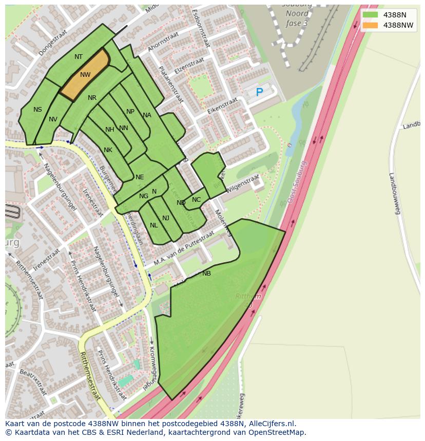 Afbeelding van het postcodegebied 4388 NW op de kaart.