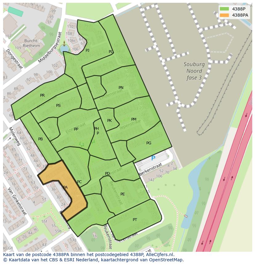 Afbeelding van het postcodegebied 4388 PA op de kaart.