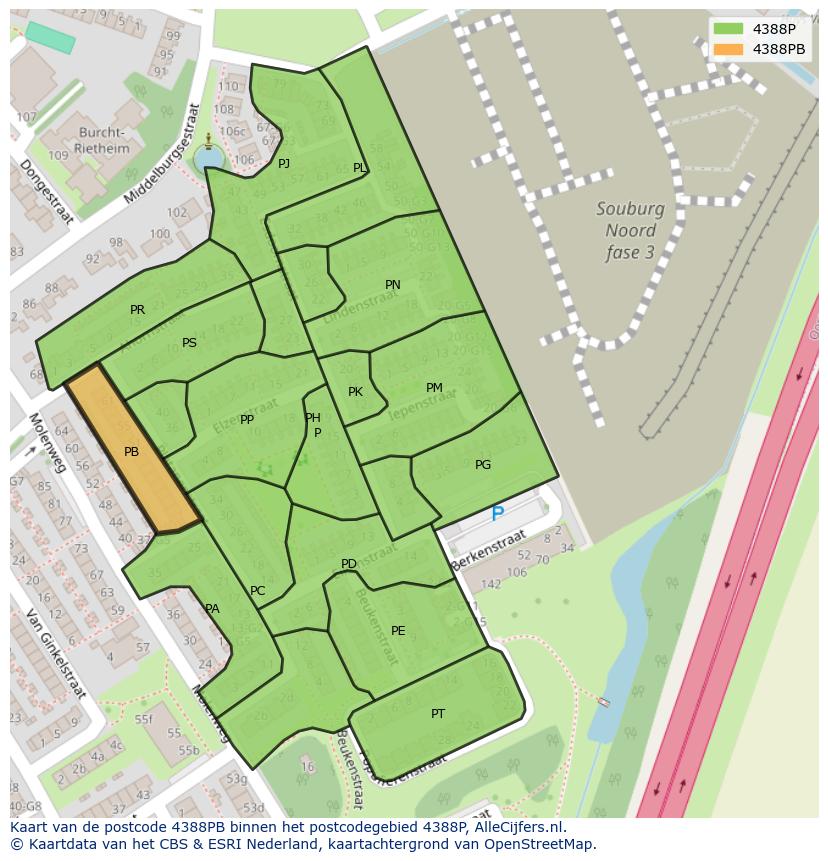 Afbeelding van het postcodegebied 4388 PB op de kaart.