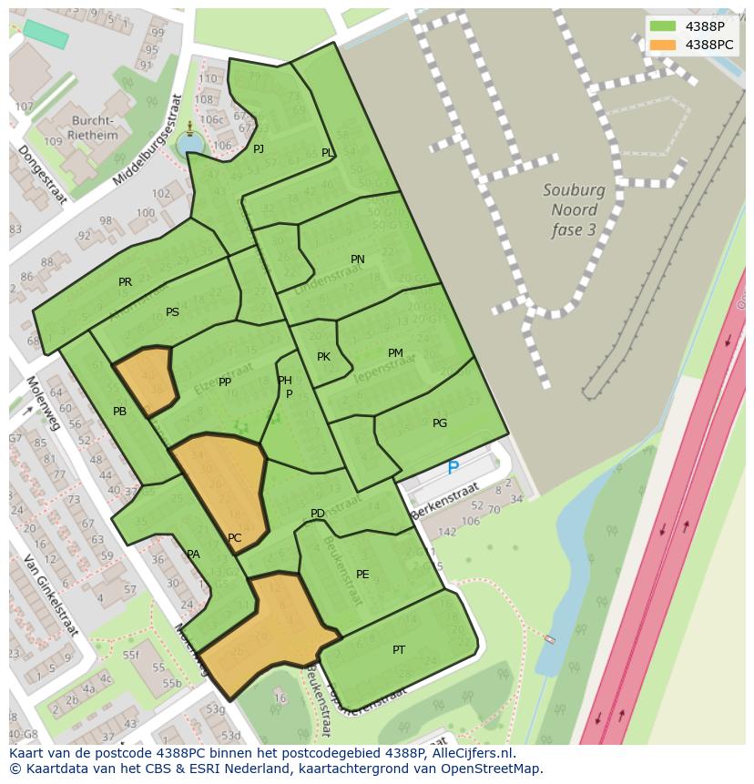 Afbeelding van het postcodegebied 4388 PC op de kaart.