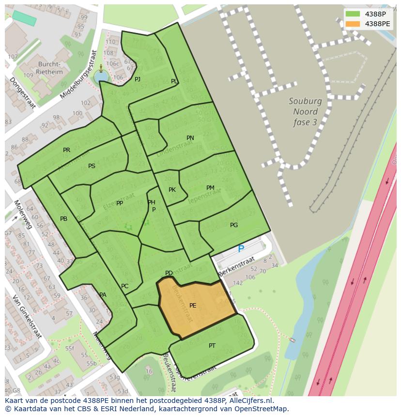 Afbeelding van het postcodegebied 4388 PE op de kaart.