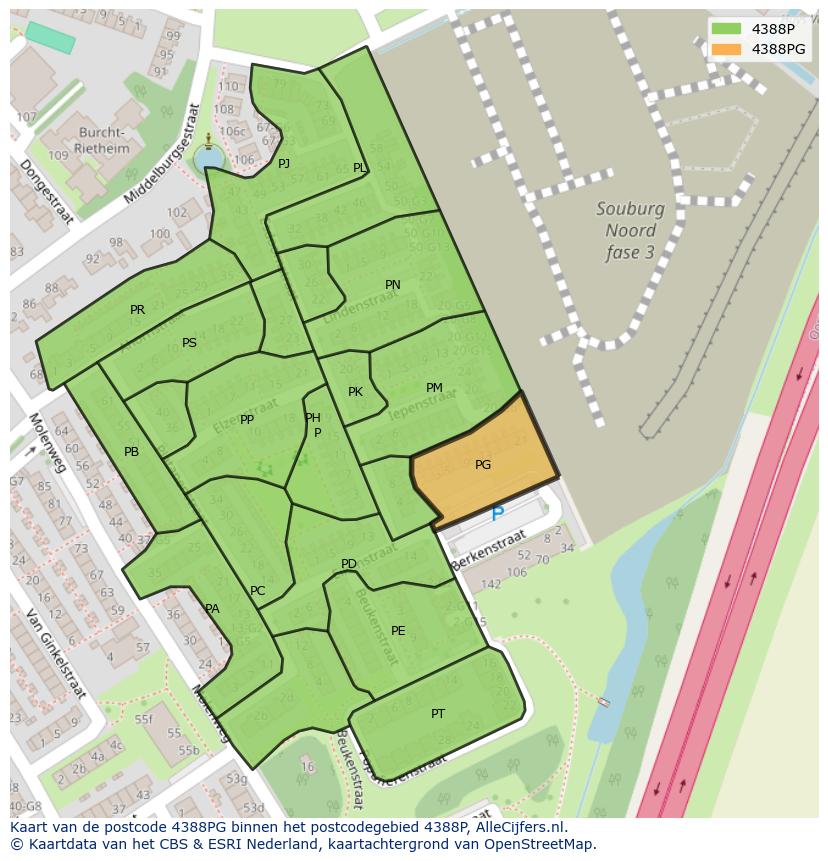 Afbeelding van het postcodegebied 4388 PG op de kaart.