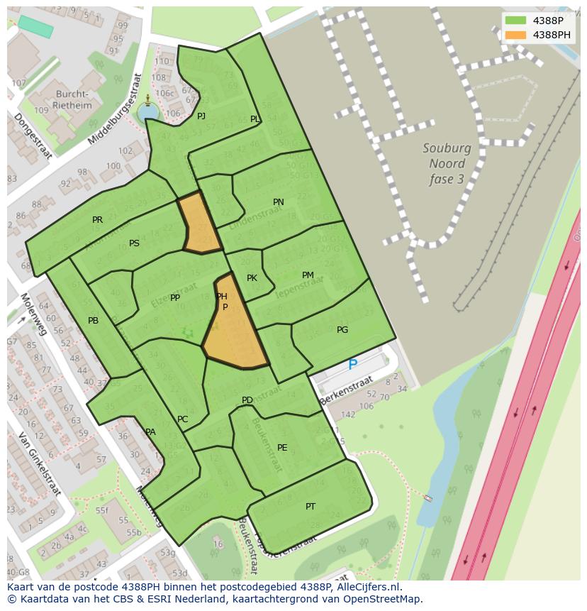 Afbeelding van het postcodegebied 4388 PH op de kaart.