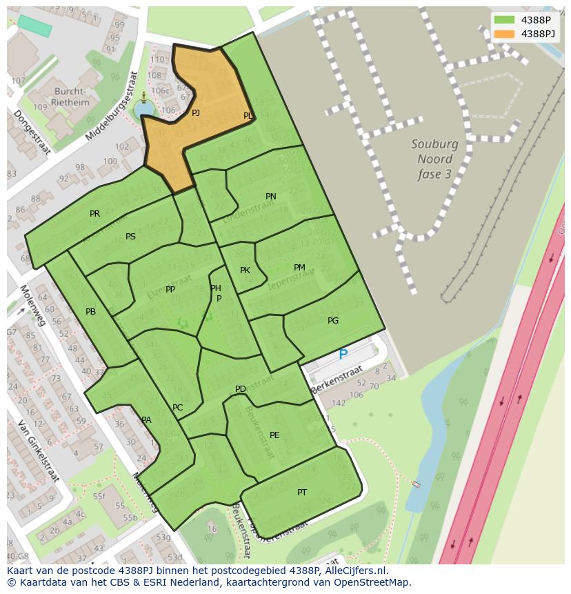 Afbeelding van het postcodegebied 4388 PJ op de kaart.