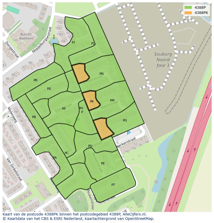 Afbeelding van het postcodegebied 4388 PK op de kaart.