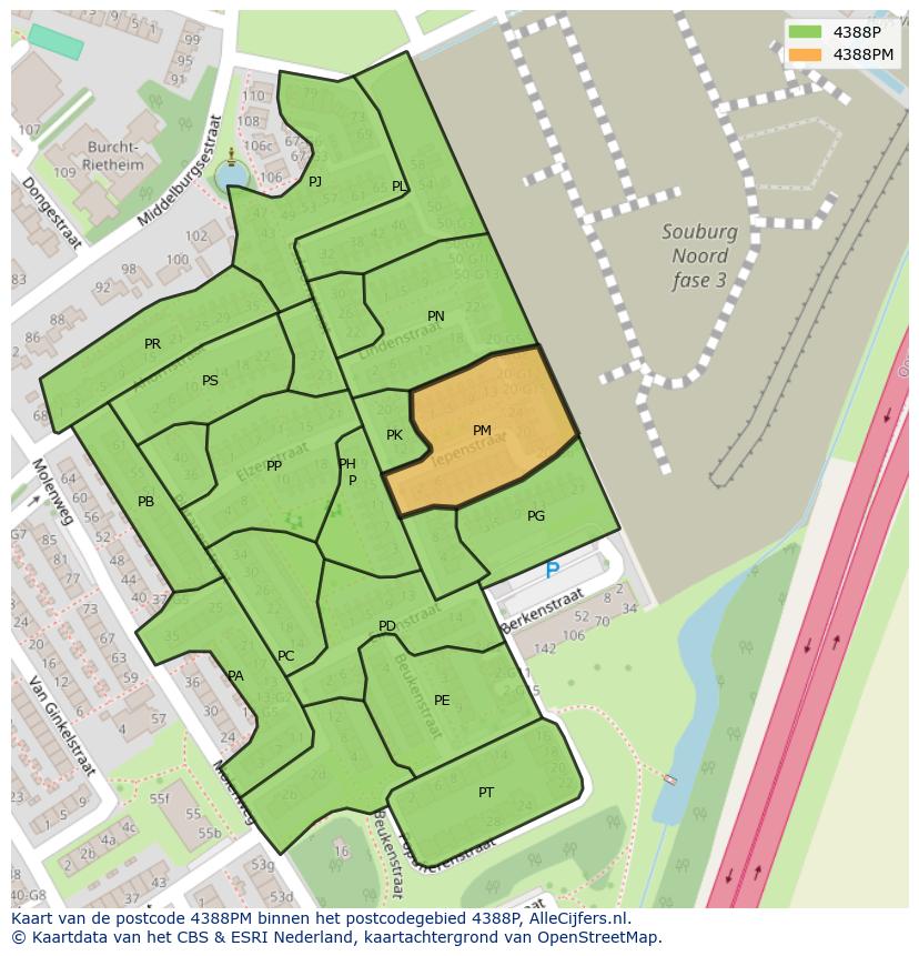Afbeelding van het postcodegebied 4388 PM op de kaart.