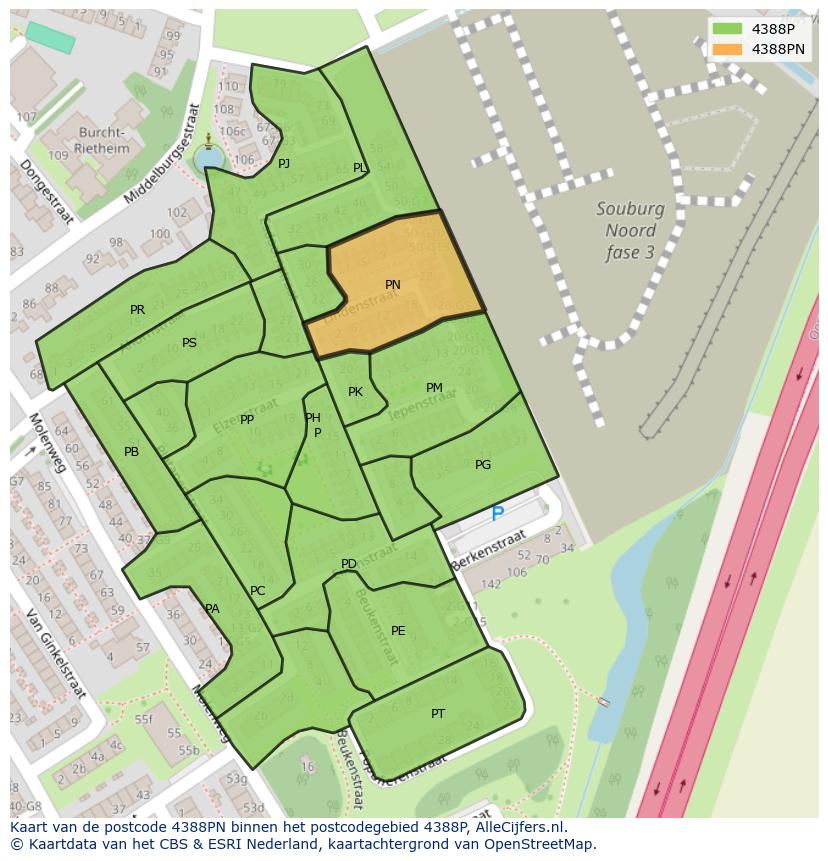 Afbeelding van het postcodegebied 4388 PN op de kaart.