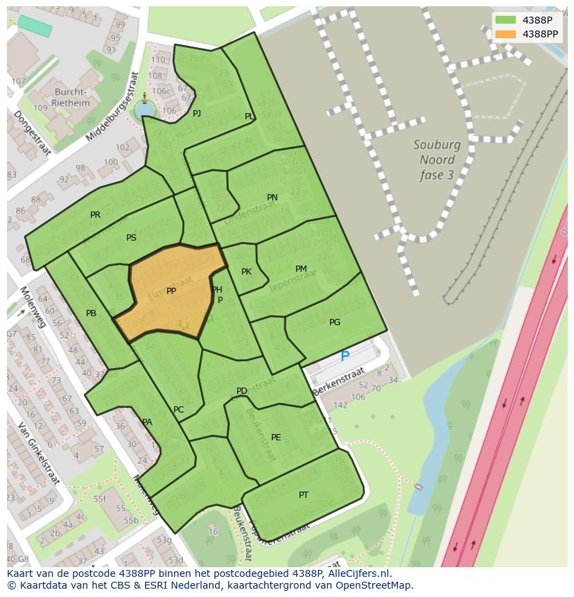 Afbeelding van het postcodegebied 4388 PP op de kaart.