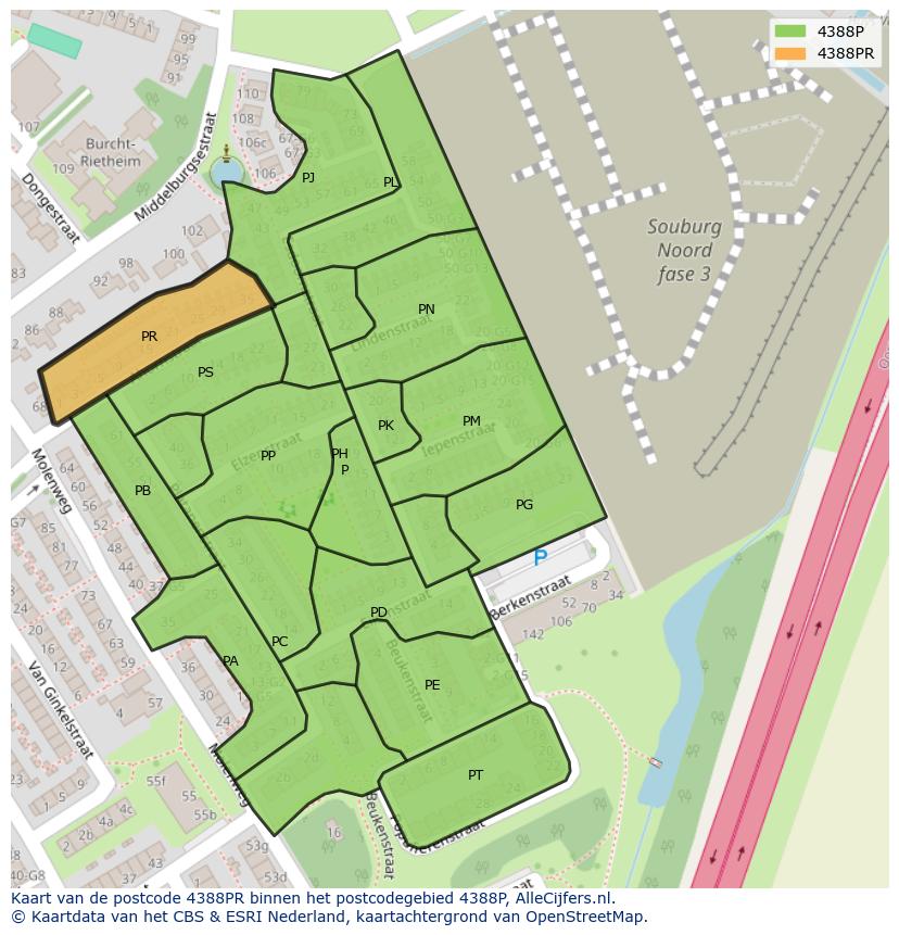 Afbeelding van het postcodegebied 4388 PR op de kaart.